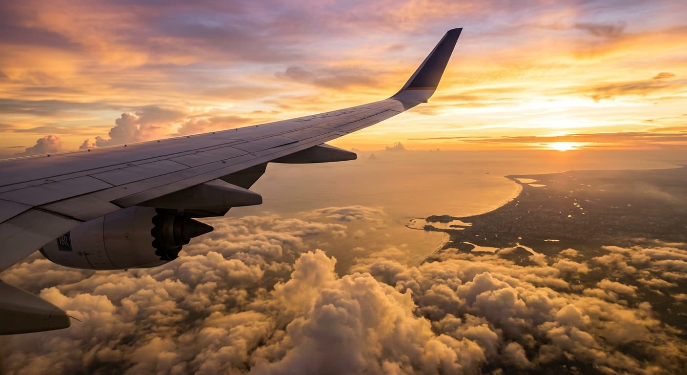View of the coastline from an aircraft window at sunset