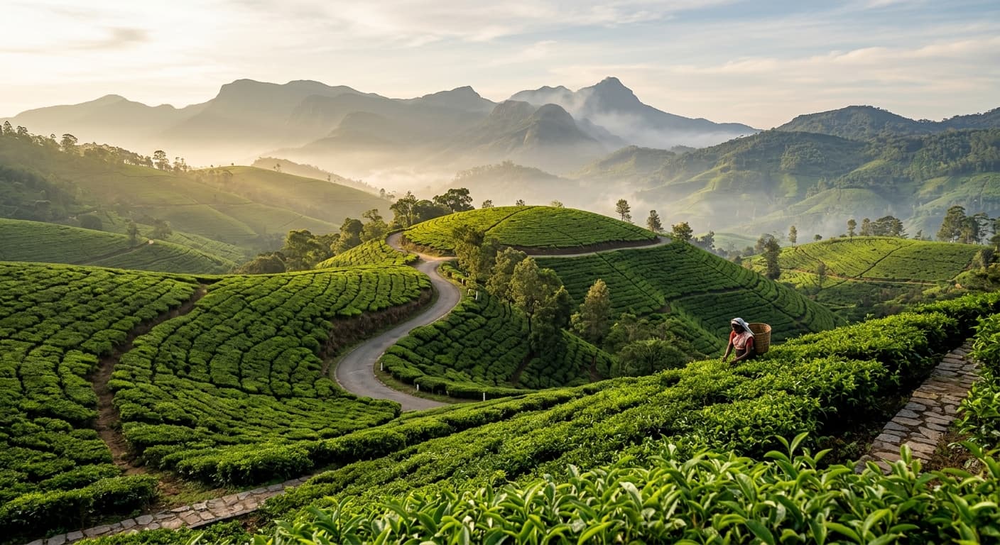 Tea pickers among the misty green hills of Sri Lanka's tea country
