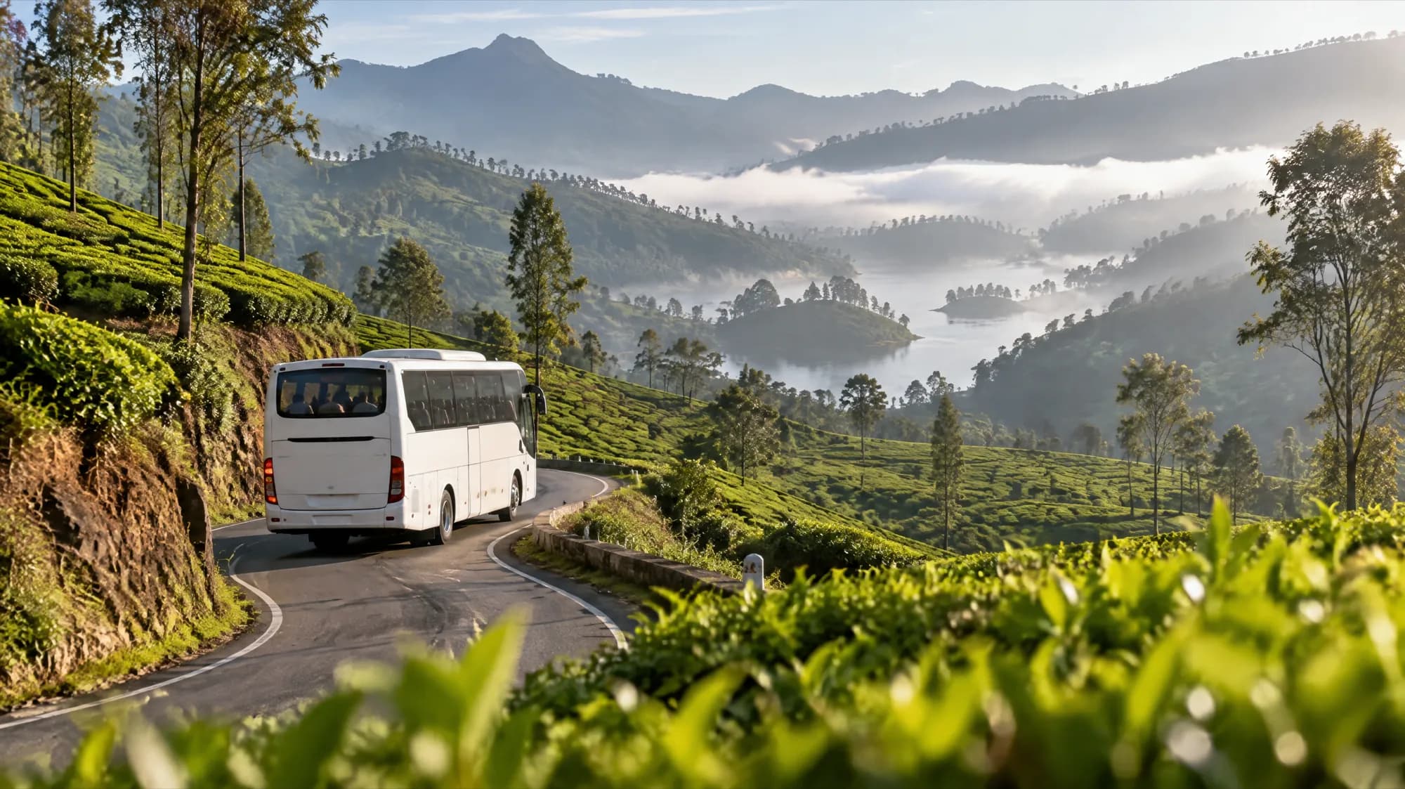 A team coach on a winding road through tea estates